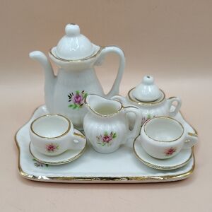 Vintage Porcelain 10 Piece Miniature Tea Set White With Pink Roses And Gold Trim